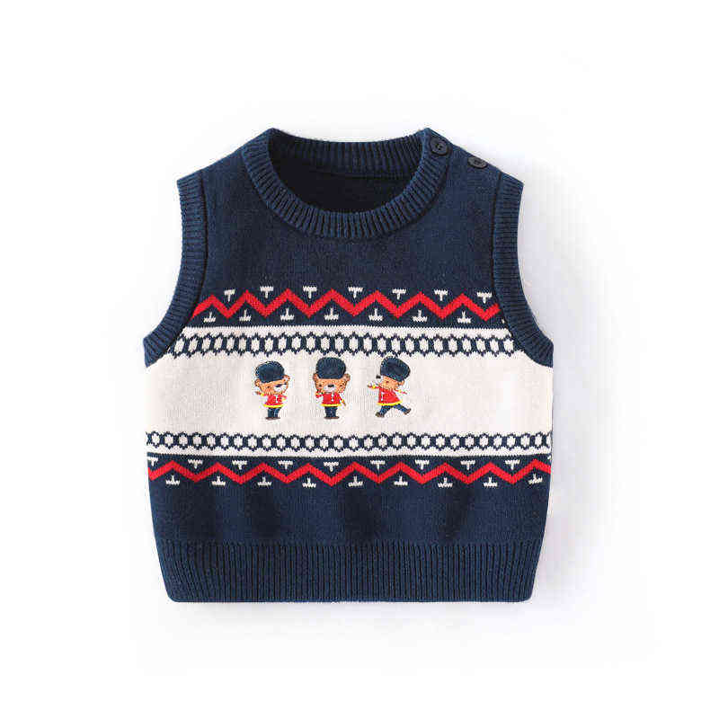 Toddler Boy Soldier Knitted Vest Tops Baby Cartoon Knitwear Children Embroidery Bear Sleeveless Knit Sweater Fall Winter Clothes 211104