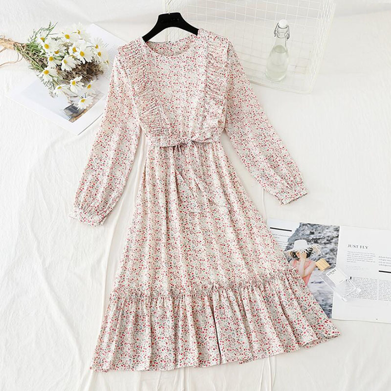 Vintage Polka Dot Print Dress Women Elegant Ruffle Chiffon Party Dress Long Sleeve O Neck Midi Dress Spring Summer Dresses 210521