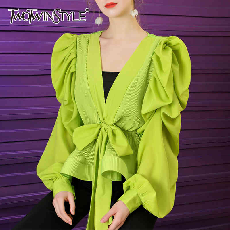 Casual Patchwork Pleated Women Blouse V Neck Lantern Long Sleeve High Waist Lace Up Ruffle Shirt Female Fashion 210524