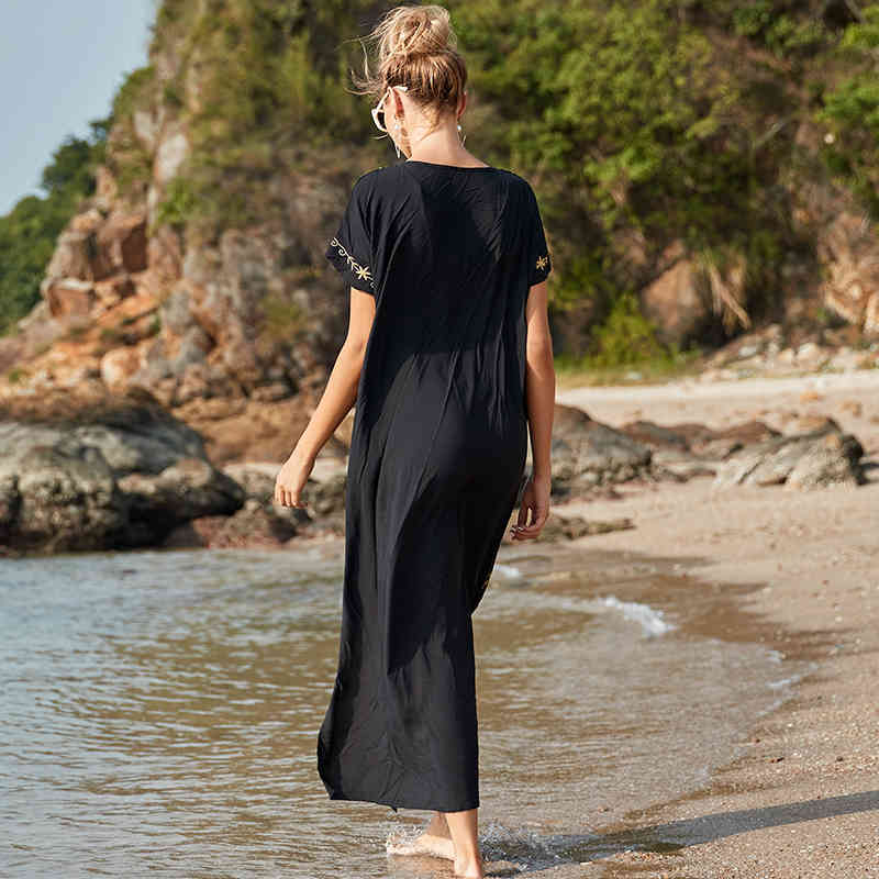 Oversize black Embroidery V-neck Short Sleeve Summer Beach Dress Plus Size Tunic Women Beachwear Batwing Sleeve Long Dress N790 210409