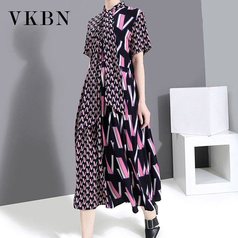 VKBN Spring and Summer Dress Women Office Lady Geometric Pattern Printing Turn-down Collar Dress Elegant 210507