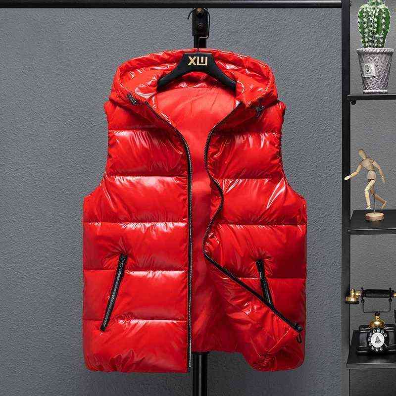 Men Winter Bright Vests Hooded Thick Vest Waterproof Cotton Padded Sleeveless Coat Men Waterproof Thick Waistcoat M-5XL 211119