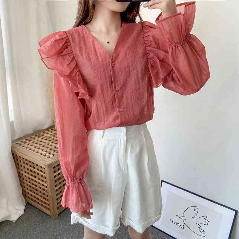 Women Elegant Pink Ruffled Blouses V Neck Long Sleeve Sweet Plaid Shirt Ladies See Through Chic Tops Blusas Mujer 210515