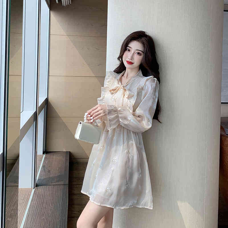 Spring Temperament Fashion Ruffles Satin Dress Vestidos Female Retro Elegant Bow Tie Flare Sleeve Mini 210519