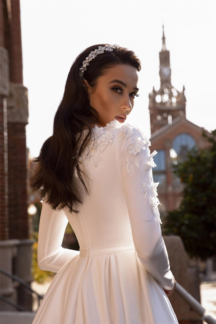 Elegant Muslim A Line Satin Wedding Dresses Autumn Bridal Gowns For Women 2021 Long Sleeves Appliques Lace Simple Bride Reception Dress Ivory White ro