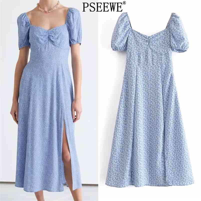 Summer Dress Blue Floral Long Women Short Puff Sleeve Elegant es Woman Hem Slit Vintage Midi 210519
Summer Dress Blue Floral Long Women Short Puff Sleeve Elegant es Woman Hem Slit Vintage Midi 210519