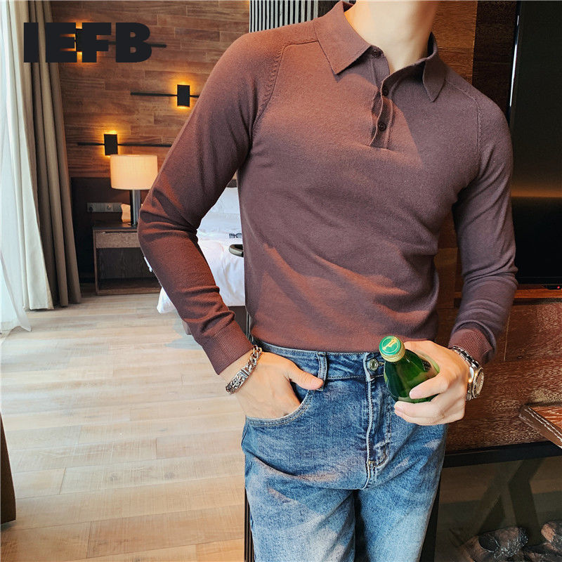 IEFB Spring Men's Trend Slim Lapel Solid Color Knitting Bottomed Polo Shirt Long Sleeve Causal Black Tops 9Y6675 210524