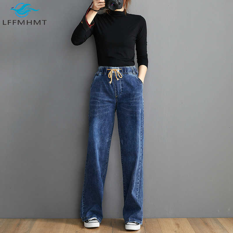 OYS 202 Elastic High Waist Women Denim Pants Office Lady Korean Simple Casual Loose Jeans Female Solid Color Vintage Trousers 210922