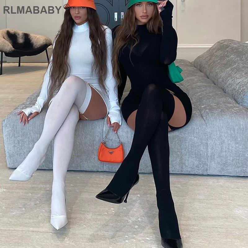 Sexy Women Mini Dress With Socks Skinny Round Neck Long Sleeve Bodycon Casual Street Ladies Autumn Clubwear Dresses