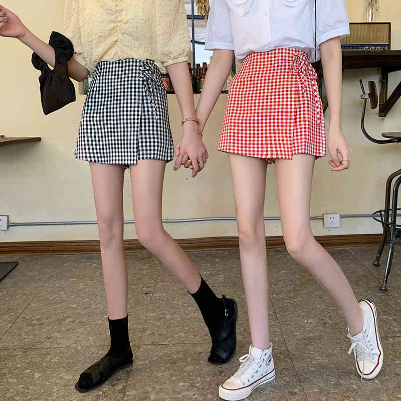 High Waist Lace Up Red Irregular Plaid Skirt Women Fashion Japan Style Chic Summer Wild Student Casual Shorts Faldas Mujer 210429