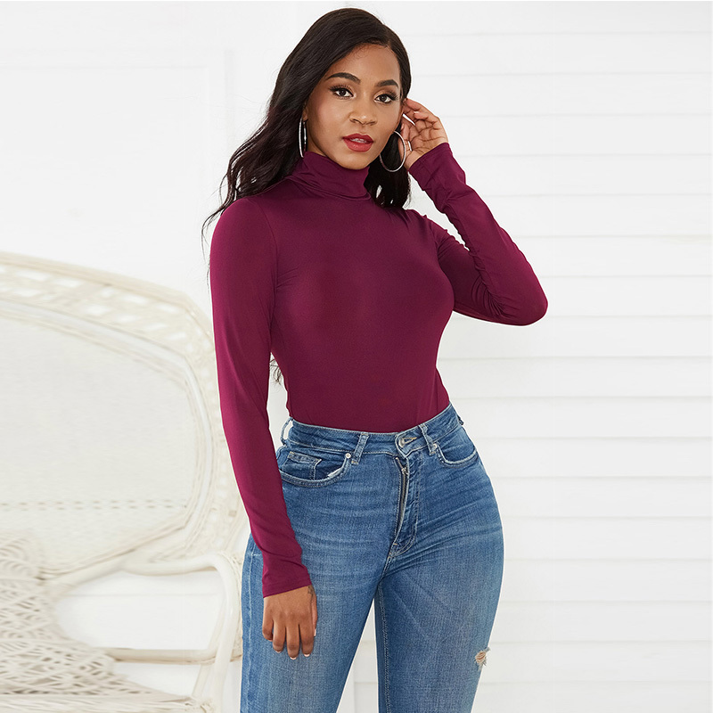 Long Sleeve High Neck Jumpsuits T-shirt Women Fit All-in-one Pants Winter Solid Skinny Vintage Turtleneck Bodysuit Women Top 210406