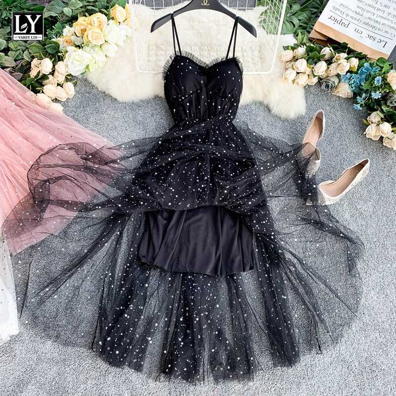 LY VAREY LIN women summer Stars V-neck Sleeveless Vestidos Sexy Dress equined Party Mesh Patchwork Long es 210526