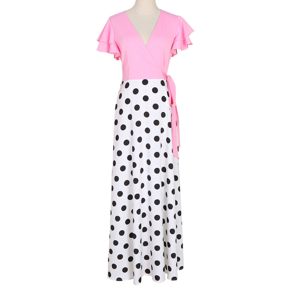 Women Dress Butterfly Sleeve V-neck Bandage Sexy Dresses Color Matching Plus Size Pink Dot Summer Clothes 210524
