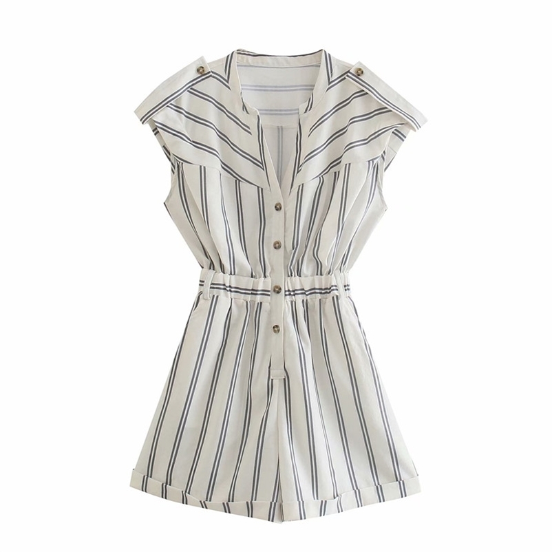 PUWD Casual Women Turn-down Collar Jumpsuit Summer Fashion Ladies High Street Draw Back Female Striped 210522