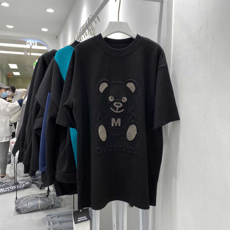 T-shirt Women's Short Sleeve Plus Size Summer Bear Half Top Loose Mid-length Tshirt Diamonds Graphic Tee 210720