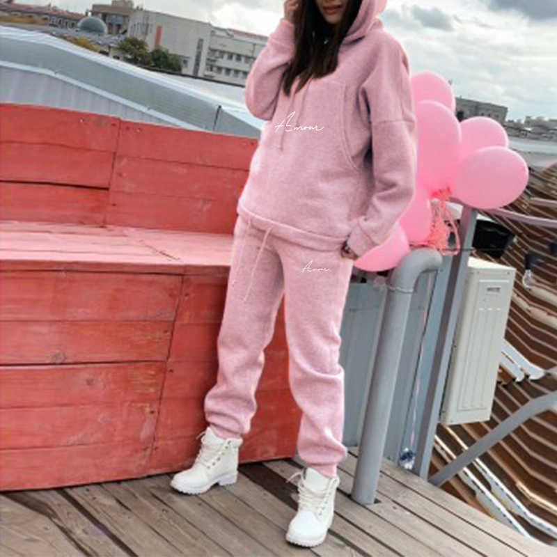 Letter Print Fashion Oversized Hoodie Set Women Thick Fleece Sport Suit Hooded Sweatshirt Autumn Winter Women's Two Piece Set 210709