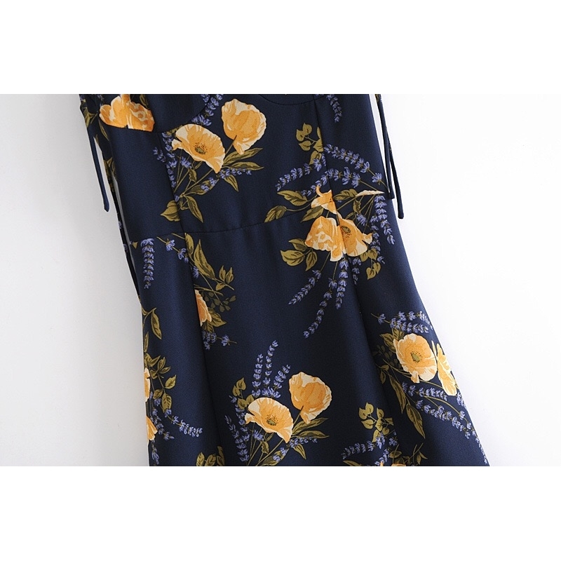French Summer Navy Blue Floral Print Bandage Spaghetti Strap Midi Dress Retro Sexy Women Lacing Up Sling Slit Vestido 210429