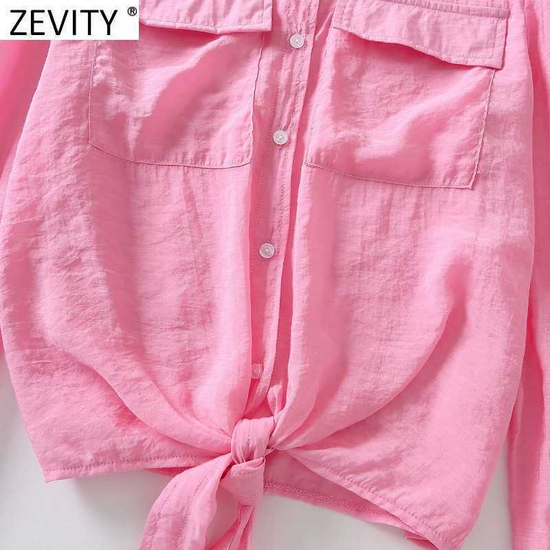 ZEVITY Women Fashion Solid Color Hem Bow Tied Casual Smock Blouse Female Puff Sleeve Pocket Shirt Roupas Chic Blusas Tops LS9162 210603