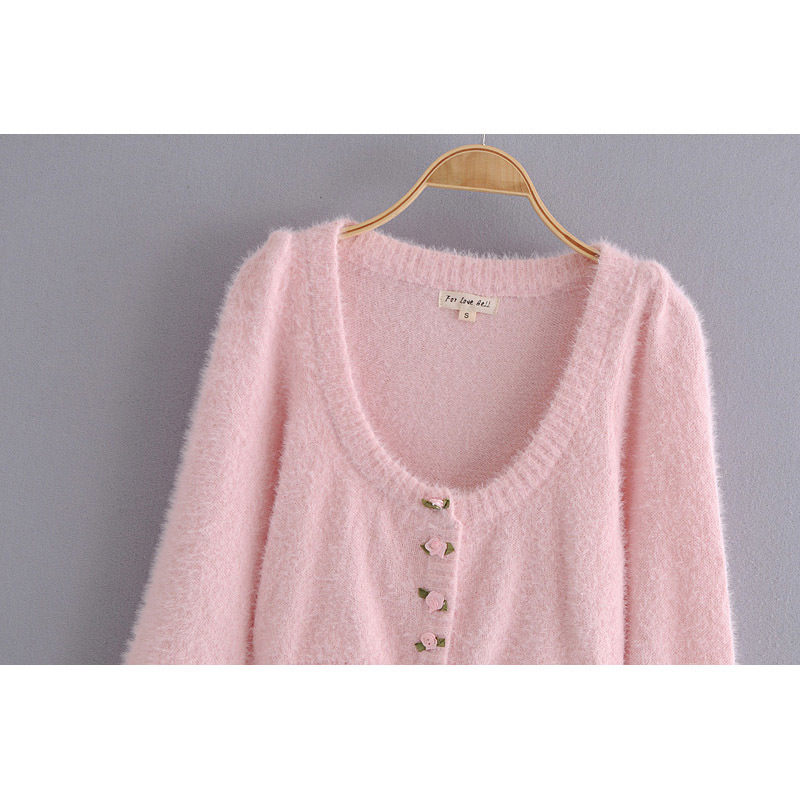 women button pink cardigan fashion ladies v-neck puff sleeve single breasted solid short sweater cute girls preppy style 210521
