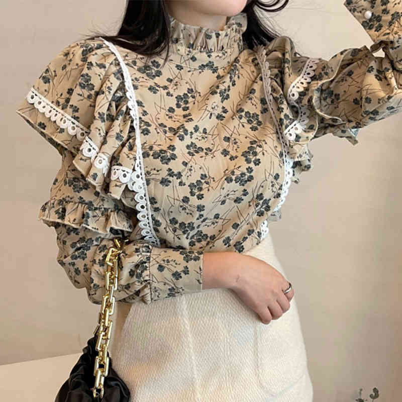 Nomikuma Floral Women Blouse Korean Lace Ruffle Patchwork Elegant Shirt Long Sleeve Stand Neck Pullover Top Blusa New 6E041 210427