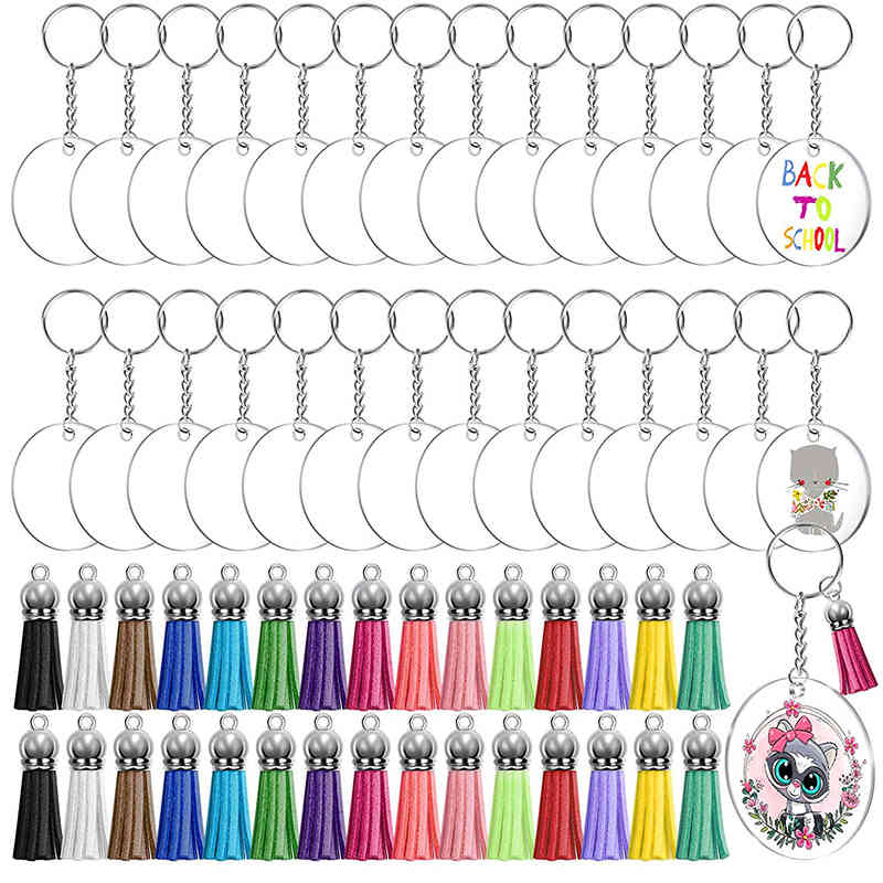 120pcset Acrylic Clear Circle Blanks Keychain Tassels Set Acrylic Circle Keyring Tassels Jump Rings For Jewelry DIY Keychains 210