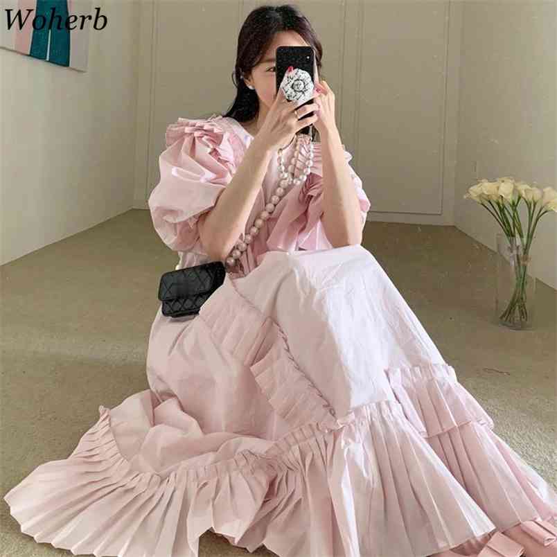 Retro Maxi Dress Ruffles Chic Short Puff Sleeve Female All Match High Street Fashion Vintage Elegant Long Pleated Dresses 210519