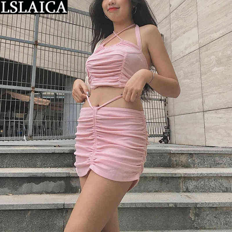 Female Set 2 Pcs Strapless Tops&skirts Ruched Sexy Fashion Pink Women's Clothing Club Night Streetwear Sets Womens Outfits 210520