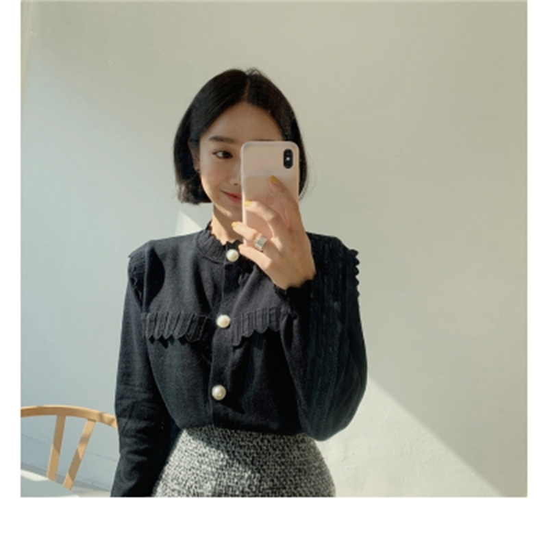 Autumn Korean Knitted Cardigans Tops Women Long Sleeve Pearl Buttons Single-breasted Ruffles Vintage Elegant Sweaters Femme 210514