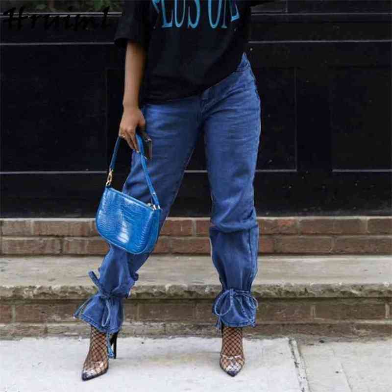 Woman Pants Strappy Pocket Casual Loose Streetwear All Match Fashion Straight Jeans for Women Zipper Femme Pantalon 210515