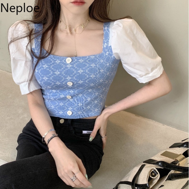 Neploe Women T Shirt Sweet Korean Crop Top Square Neck Patchwork Plaid Thin Knitted Shirts Summer Puff Short Sleeve Fashion Tops 210422