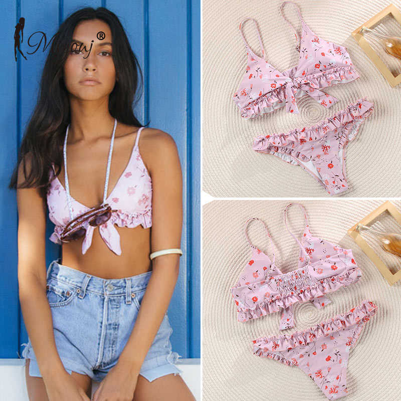 Miyouj Sexy Print Ruffle Bikini Cross Bandage Swimsuit Hollow Out Swimwear Floral Biquini Feminino V-Neck Set Beach Wear 210611