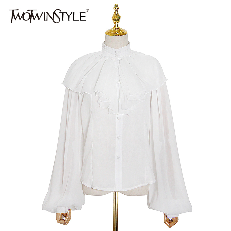 White Patchwork Ruffle Chiffon Blouse For Women Lantern Sleeve Elegant Female Summer Fashion 210524