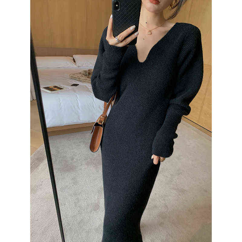 French Style Long Sweater Dress Knitting Solid Dres's Autumn And Winter Wear Minimalism Dress 211221
