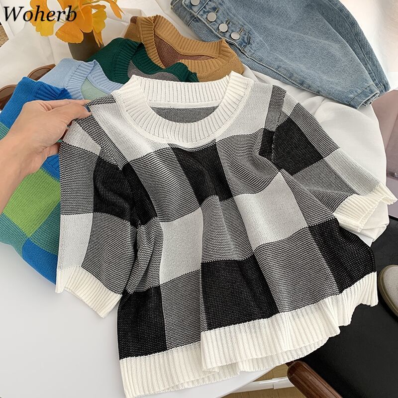 Contrast Color Plaid T-shirt Women Summer Thin Knitted Tops Korean Fashion Crop Top Knitwear Chic Streetwear 210519