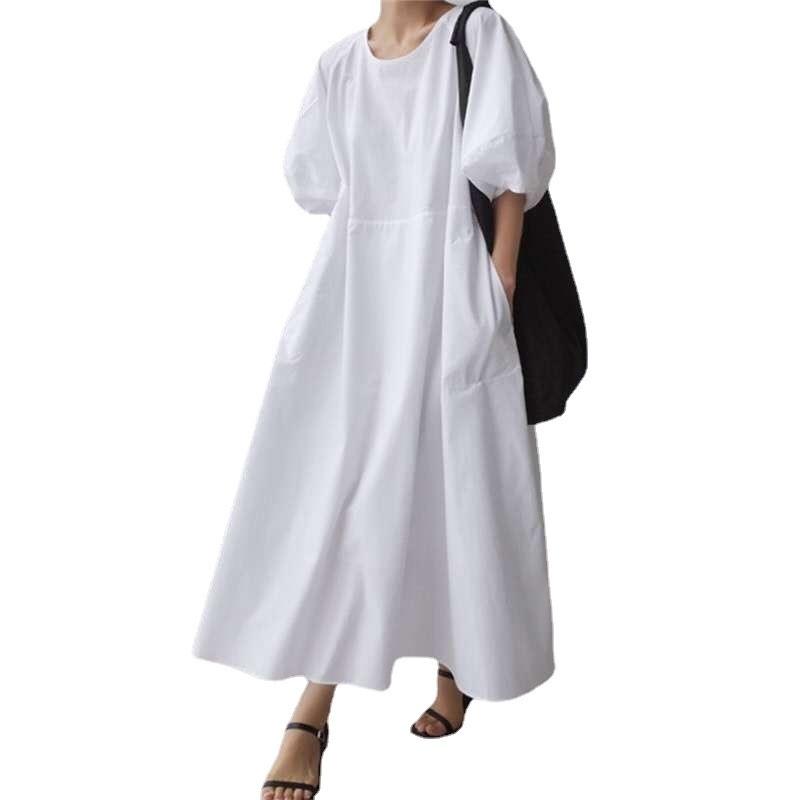 Women's Dress Loose Size Slim Long Lantern Sleeve Round Neck Temperament Fit Fashion Summer 2P041 210526