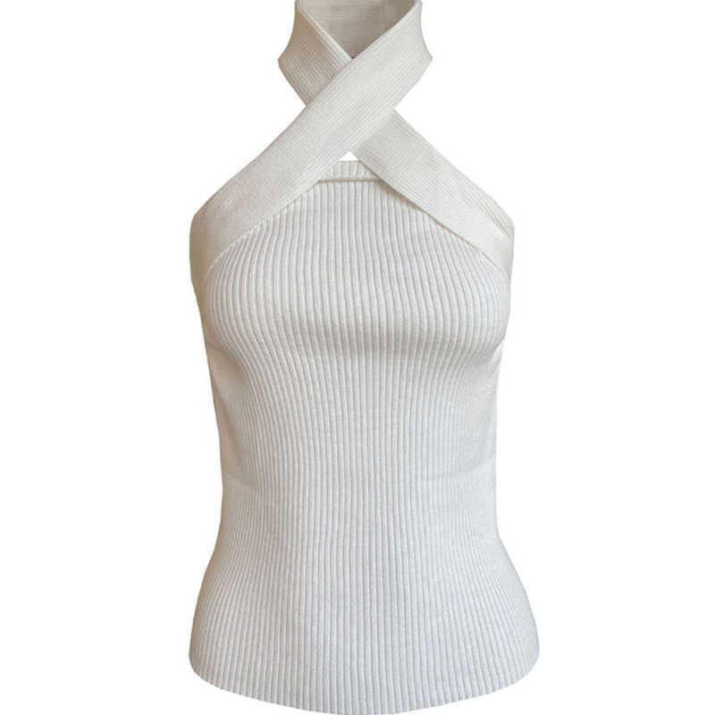 DEAT Spring Summer Arrivals Knitting Hanging Neck Off Wrapped Chest Off Shoulder Temperament Fashion Vest MZ676 210709