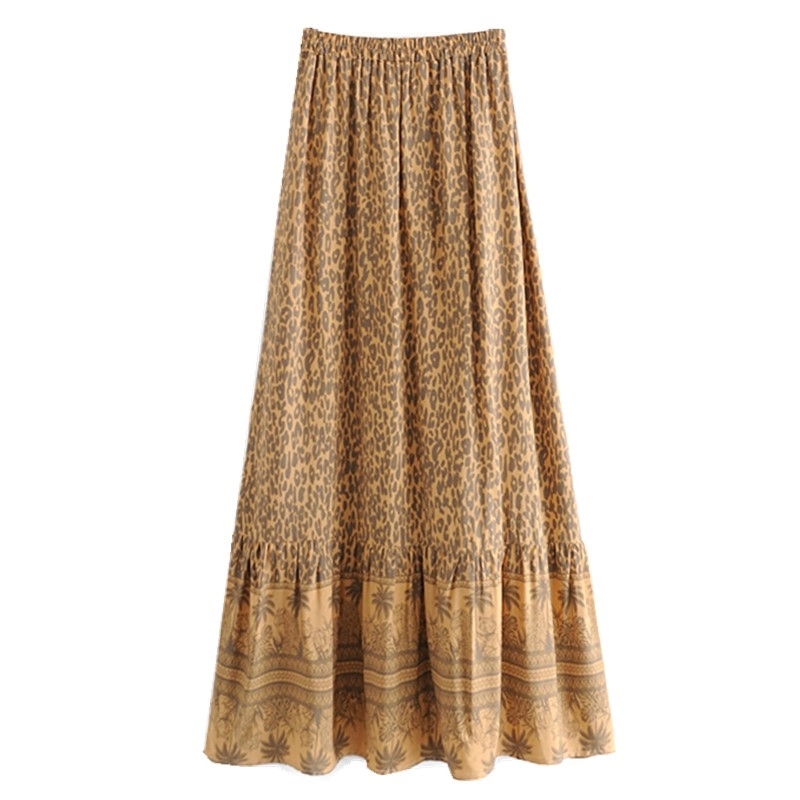 Bohemia Leopard Print Long Skirt Spliced Ruched Ruffle Hem Hippie Women Tassel Tie Bow Swing Skirts Holiday Beach 210429