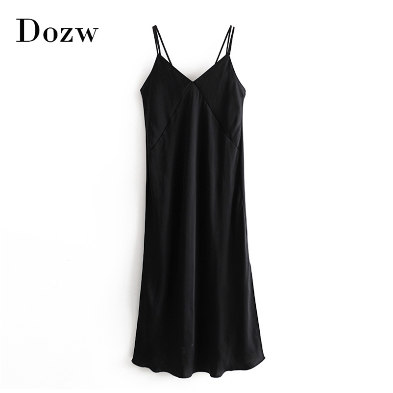 Black Color Sexy Spaghetti Strap Silk Dress Women Fashion V Neck Midi Lady Split Stain Party Female Vestiti Donna 210515