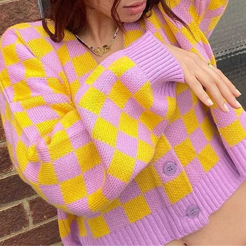 Women's Sweater Cardigan Knitted V-neck Argyle Long Sleeve Single Breasted Short Sweaters Female Autumn Winter Sweet Cardigans 211018