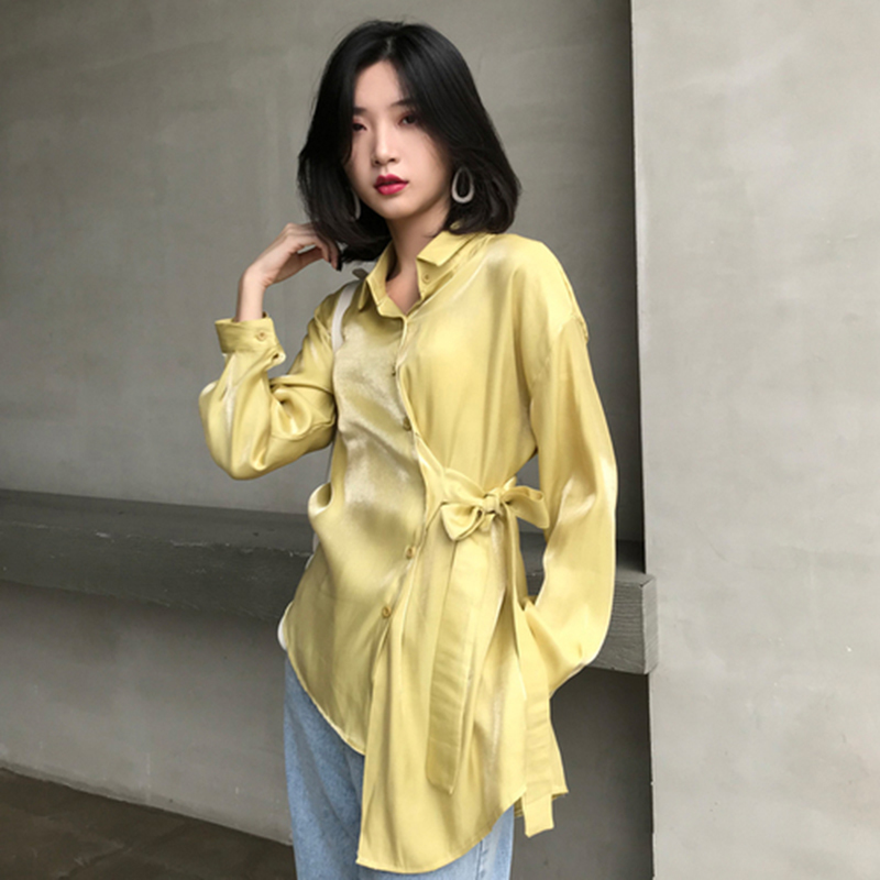 Arrival Spring Autumn Women Long Sleeve Asymmetry Loose Shirts Lustre Satin Face Lacing Blouse Tops Female Blusas S429 210512