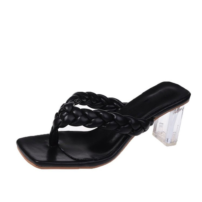 Ladies Fashion High Heels Slippers PU Leather Weave Women Square Toe Slipper Flip Flop Women's Casual Shoes Female 2021 Summer rtyh454w2