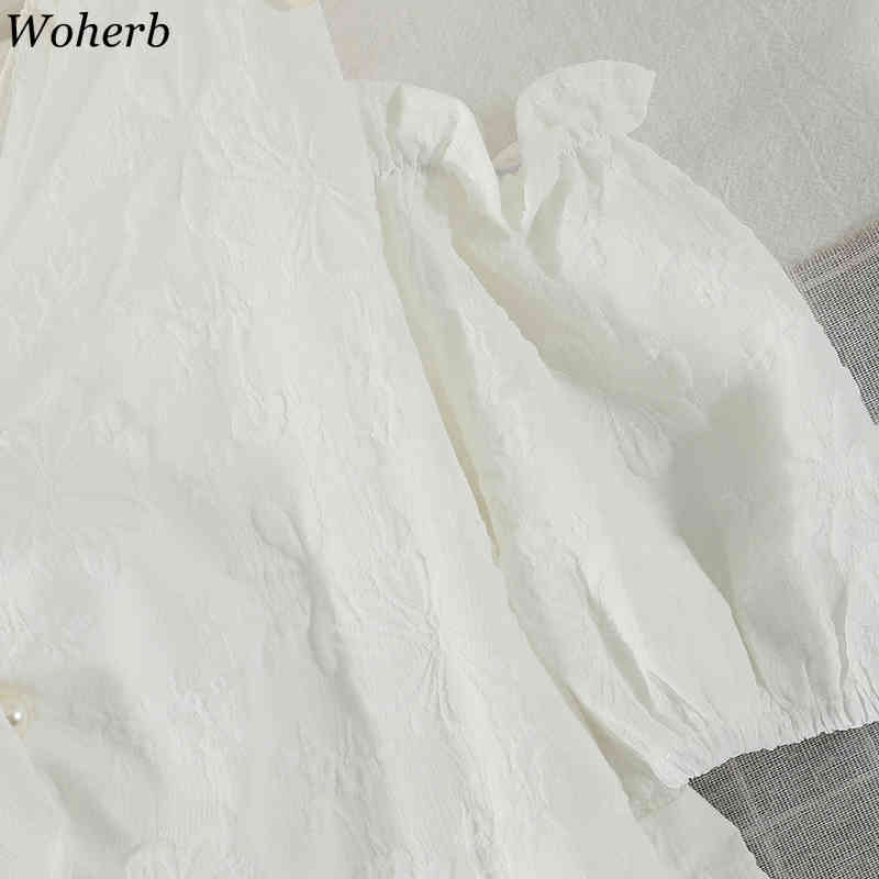 Women White V Neck Dress Sexy Beading Off Shoulder Puff Sleeve Vestidos Temperament A Line Robe Slim Fit Mini Dresses 210519