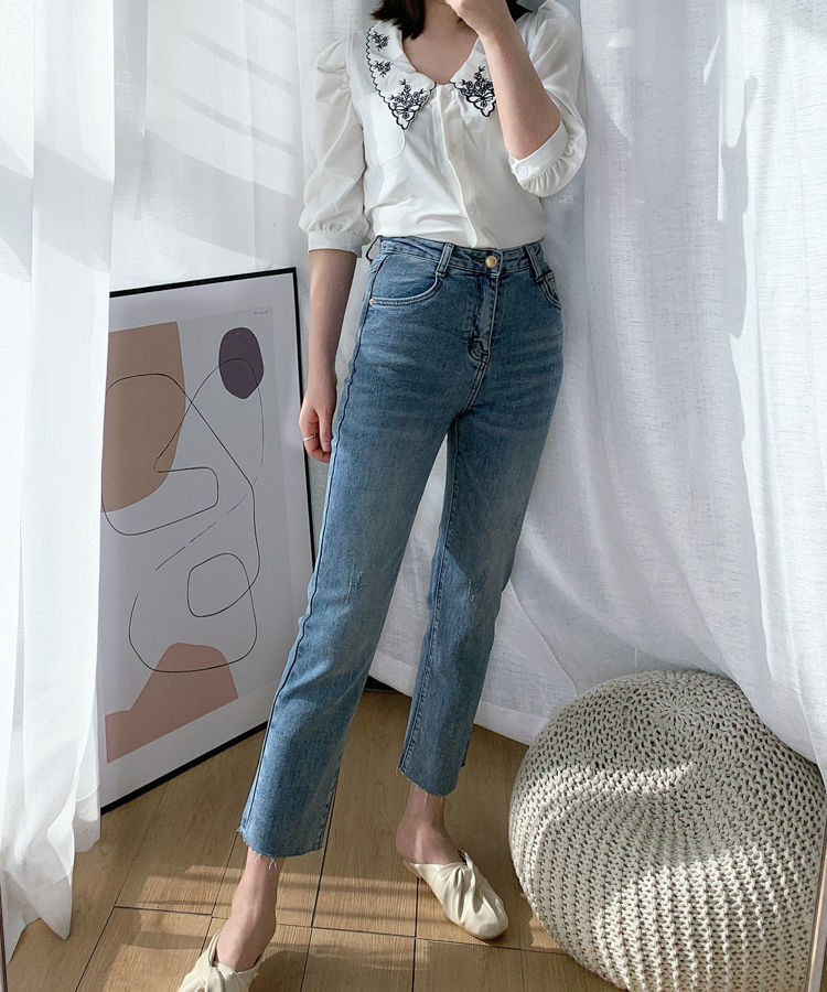 Kog309 Light Blue Straight Female Years Age Season High Waist Jeans Show Easy Chic Joker Nine Points Pant Leg Pants