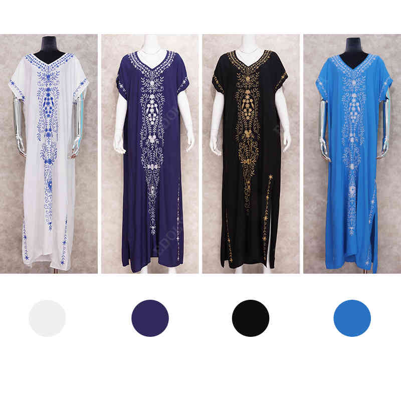Oversize black Embroidery V-neck Short Sleeve Summer Beach Dress Plus Size Tunic Women Beachwear Batwing Sleeve Long Dress N790 210409