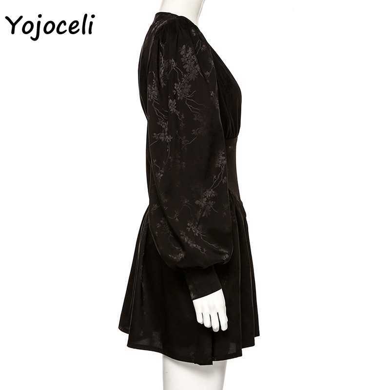 Yojoceli black jacquard v neck dres lantern sleeve skater mini 210609