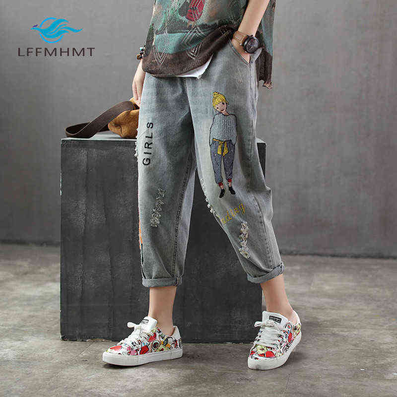 6859 Fashion Korea Style Vintage Hole Girl Embroidery Ankle-length Denim Jeans Female Casual Loose Harem Pant Trousers Cloth 211129