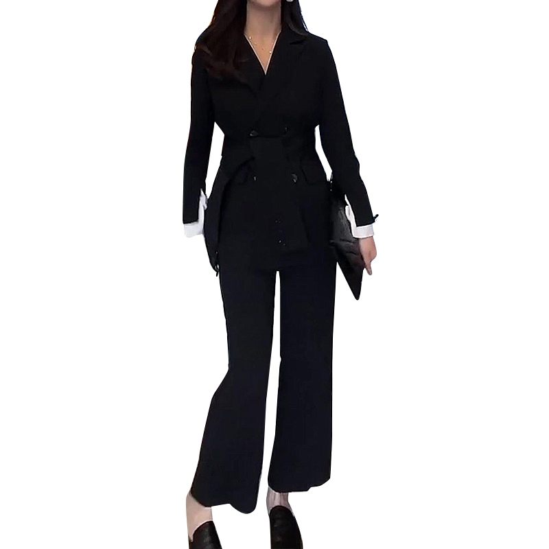 VGH Black Korean Two Piece Set For Women Notched Long Sleeve Sashes Blazer High Waist Wide Leg Pants Casual Sets Female Fashion 210421