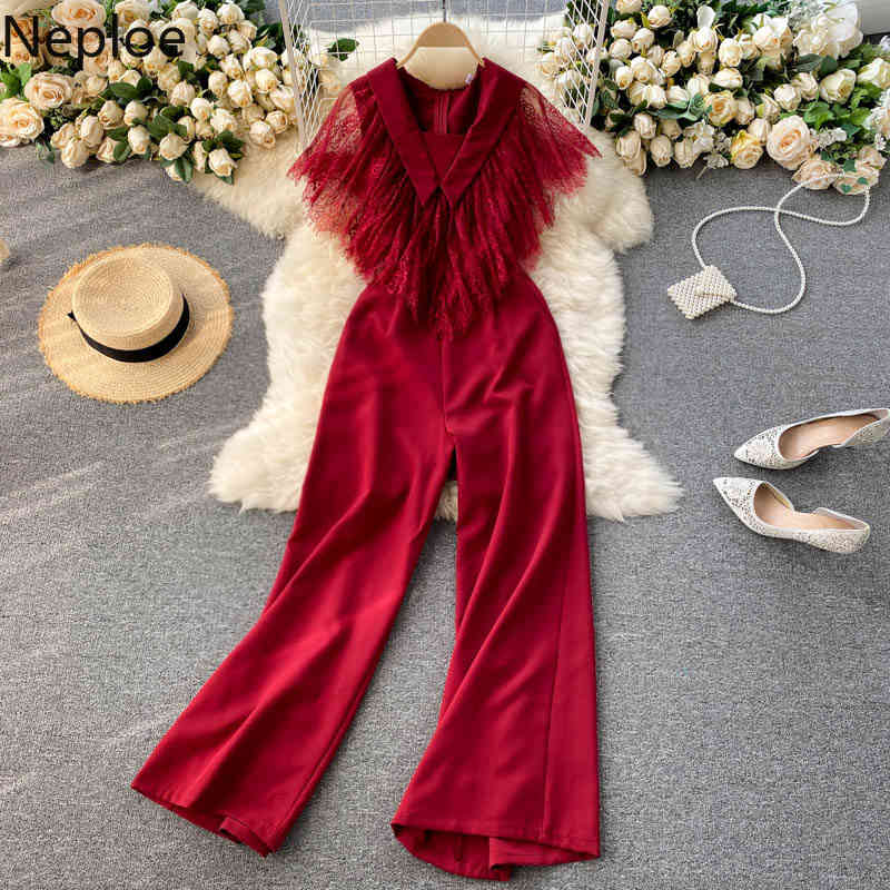 Neploe Women Jumpsuits Vintage Lace Ruffle Patchwork Tank Rompers Elegant V Neck Sleeveless Summer Beach Slim Wide Leg Pants 210422