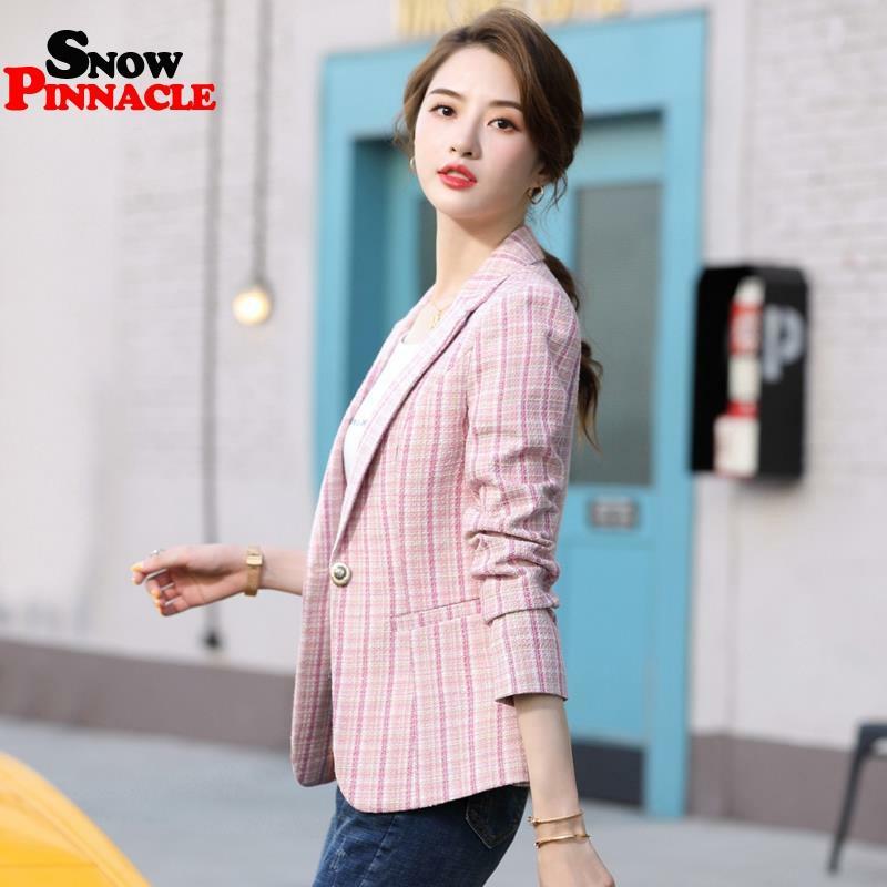 Women Blazer Autumn Slim single button Plaid Pockets Jackets Female Retro Suits Coat Feminino blazers 210524