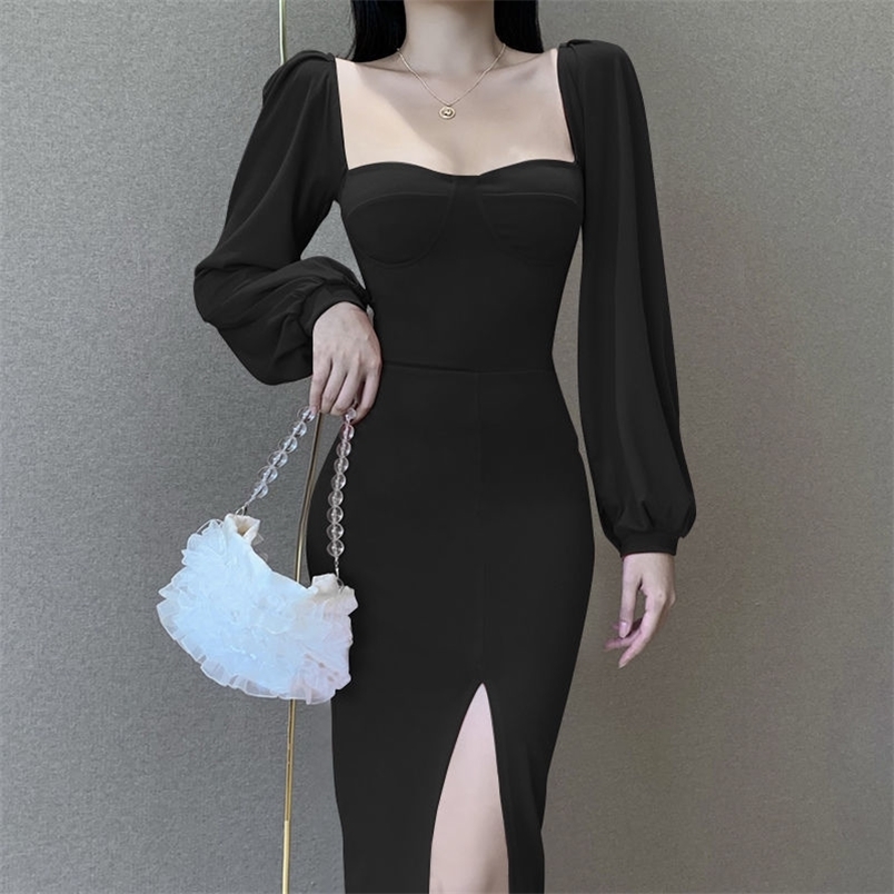 Women's Off Shoulder Split Dresses Casual Square Neck Puff Sleeve Bodycon Party Midi Autumn Elegant High Waist Slim 210522